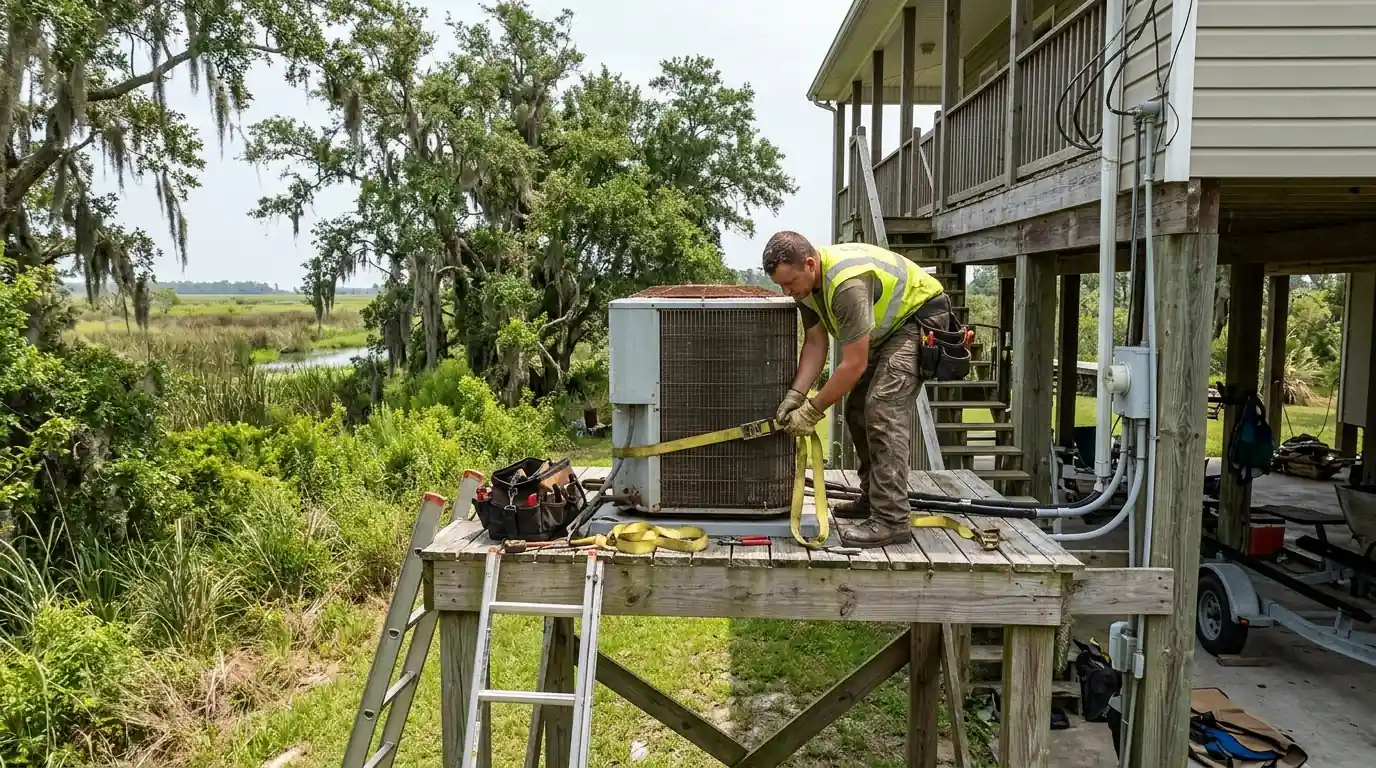 Outdoor AC unit strapped to a raised platform beside a Plaquemines Parish home