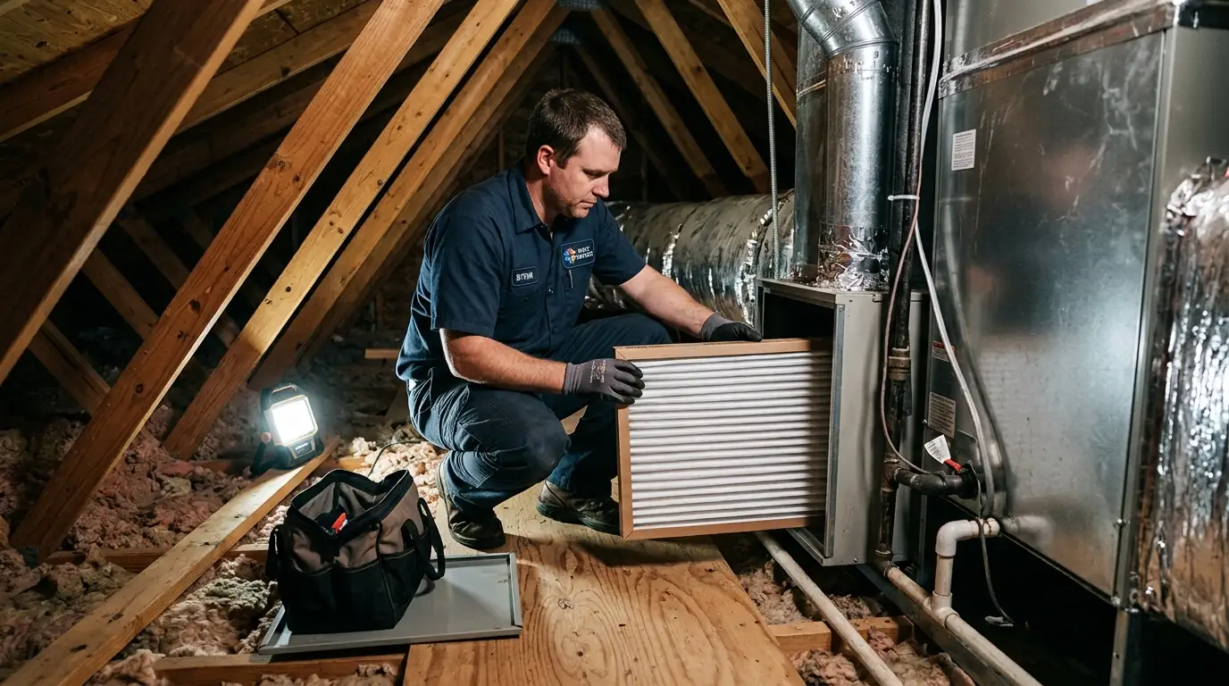 Deep media filter being installed in a filter cabinet at an air handler