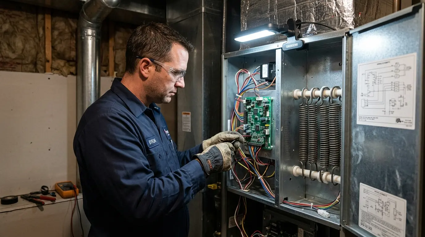 Technician wiring heat pump controls at an air handler