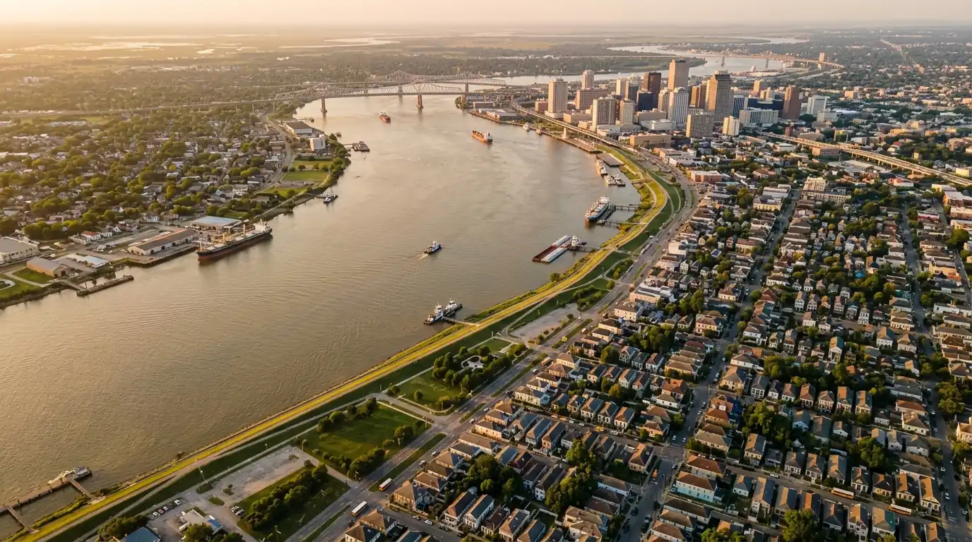 Aerial view of New Orleans neighborhoods along the river bend