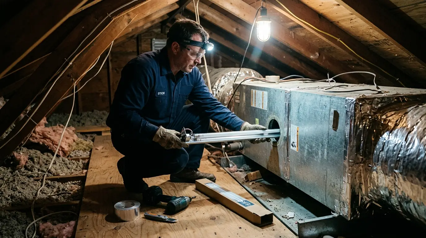 UV-C lamp being installed in an air handler