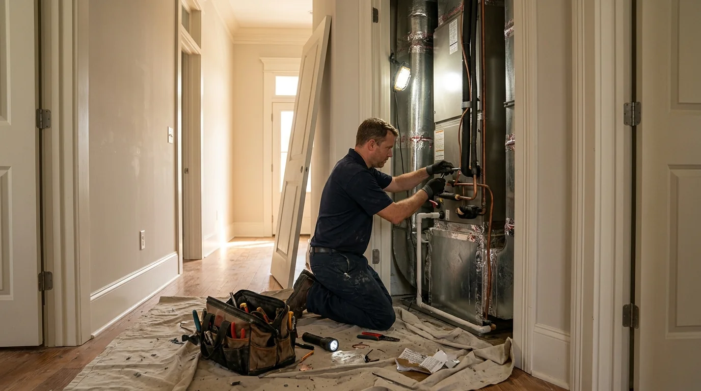 Technician replacing an air handler in a hall closet of a rebuilt home
