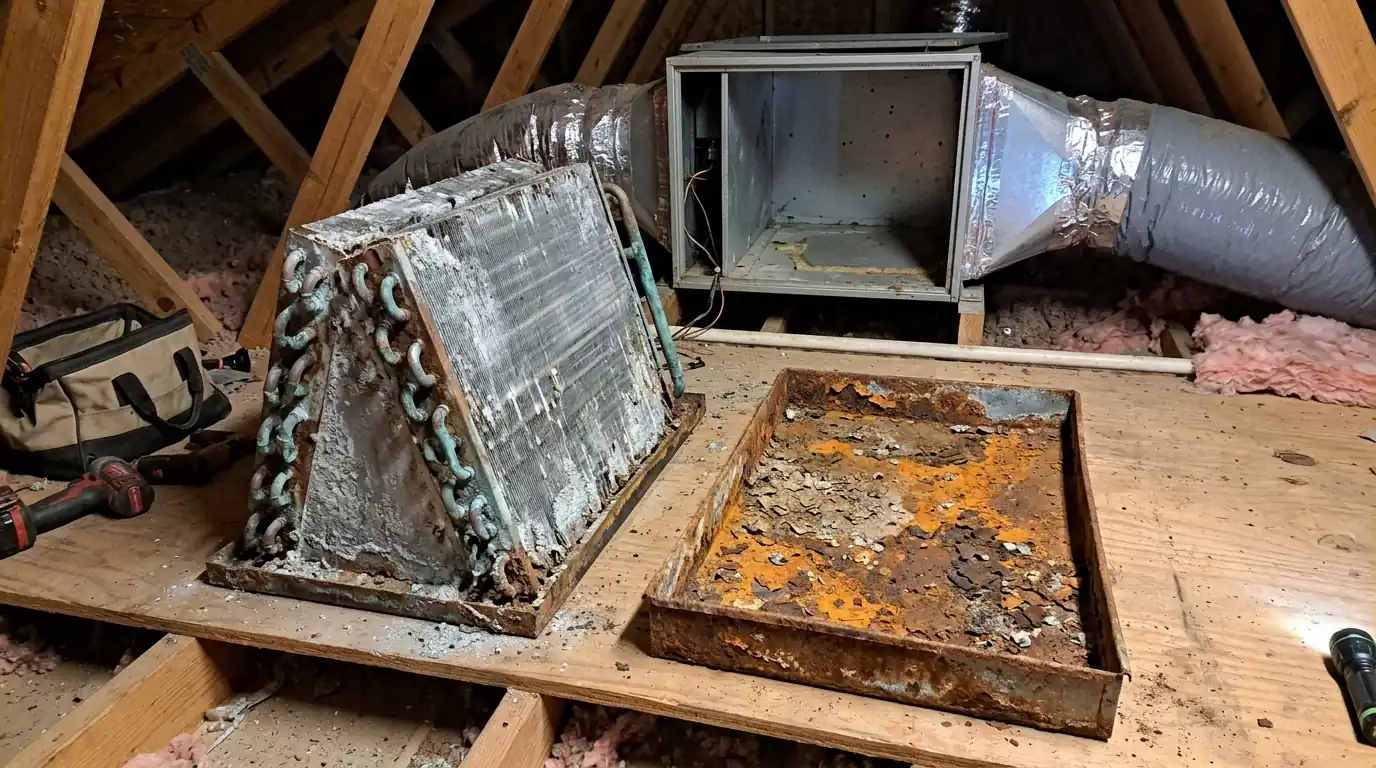 Old corroded evaporator coil beside a rusted drain pan
