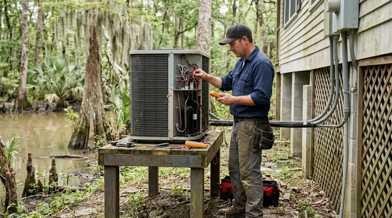 Heat pump on a raised stand beside a Slidell home