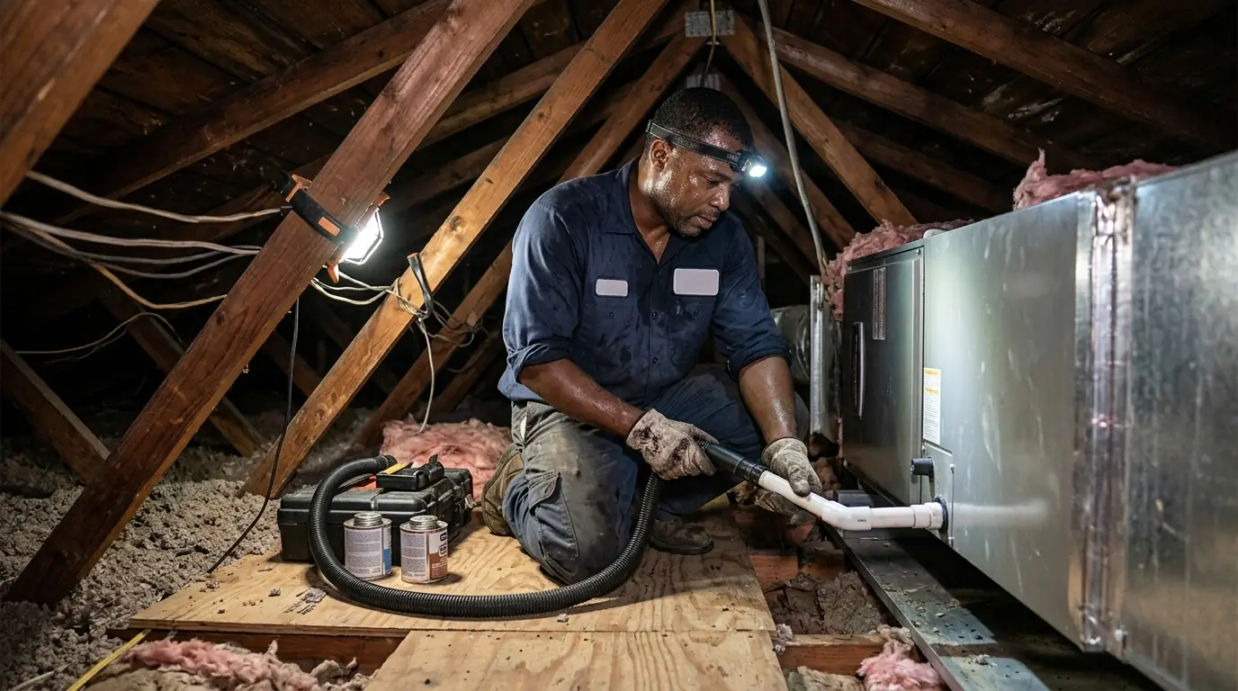 Technician clearing an attic drain in a New Orleans East home