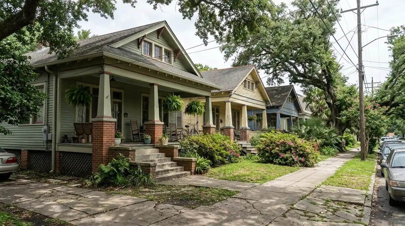 Raised bungalows with deep front porches in Gentilly Terrace