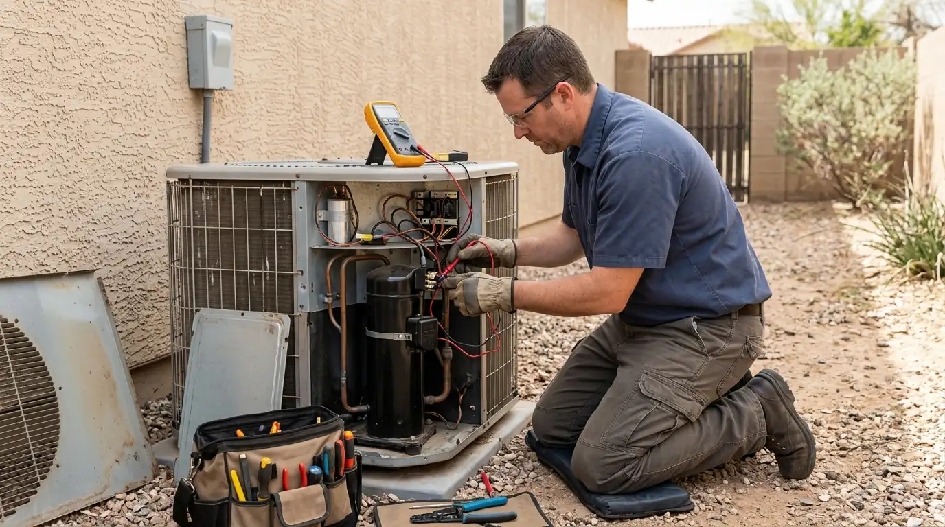 Technician testing an AC compressor with a multimeter