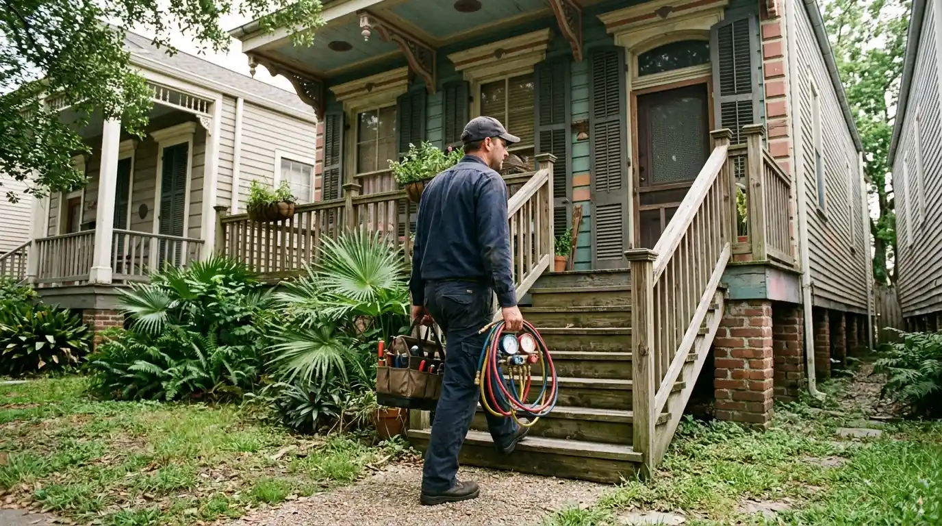 Technician carrying gauges up the steps of a raised New Orleans house