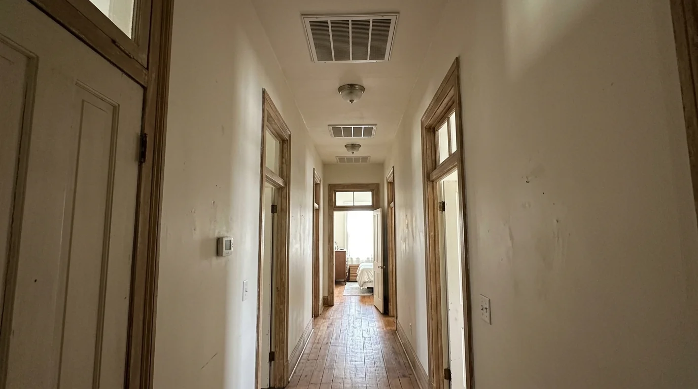 Shotgun house hallway with supply grilles leading to the back bedroom