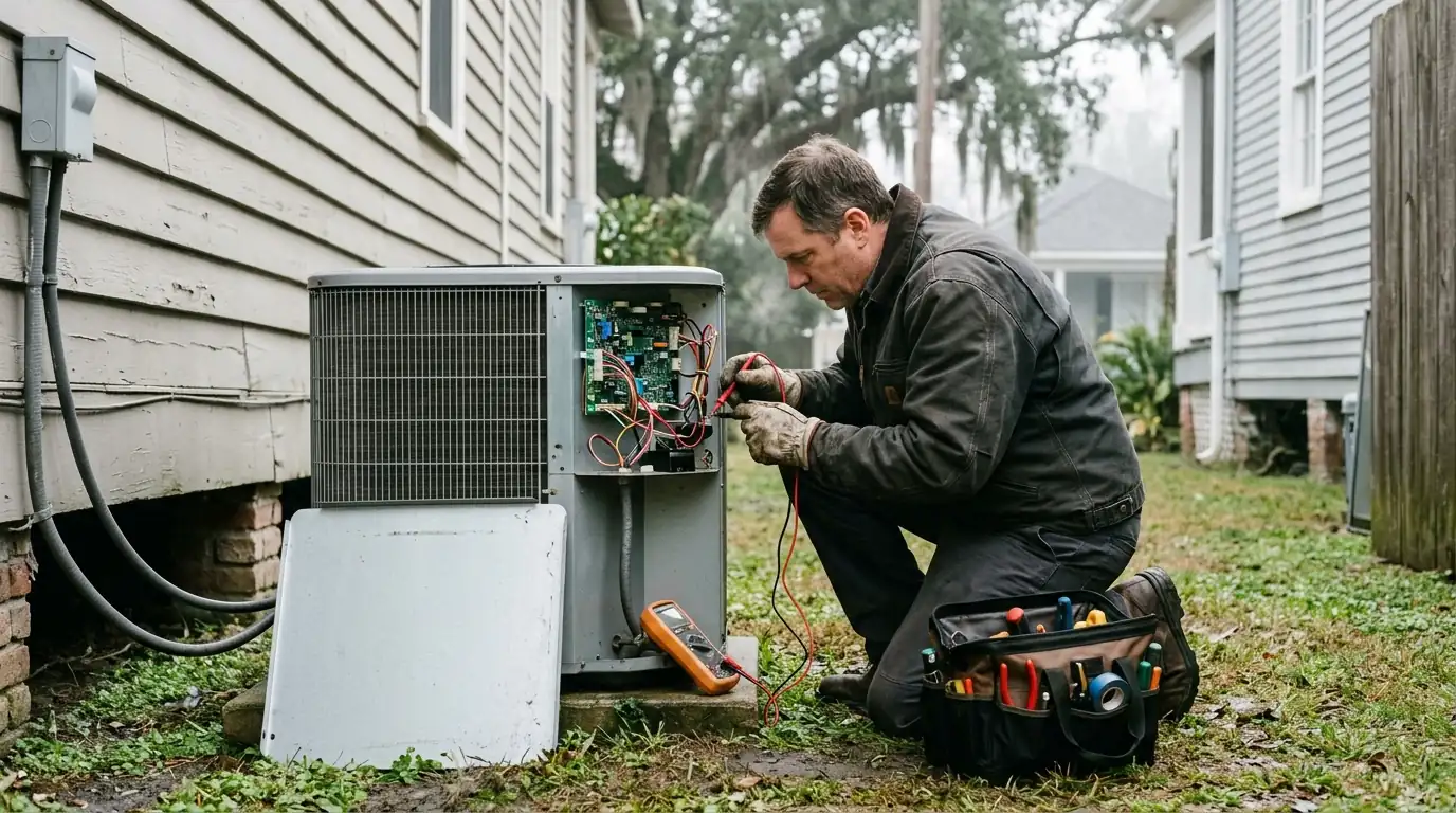 Technician testing a heat pump defrost board in New Orleans