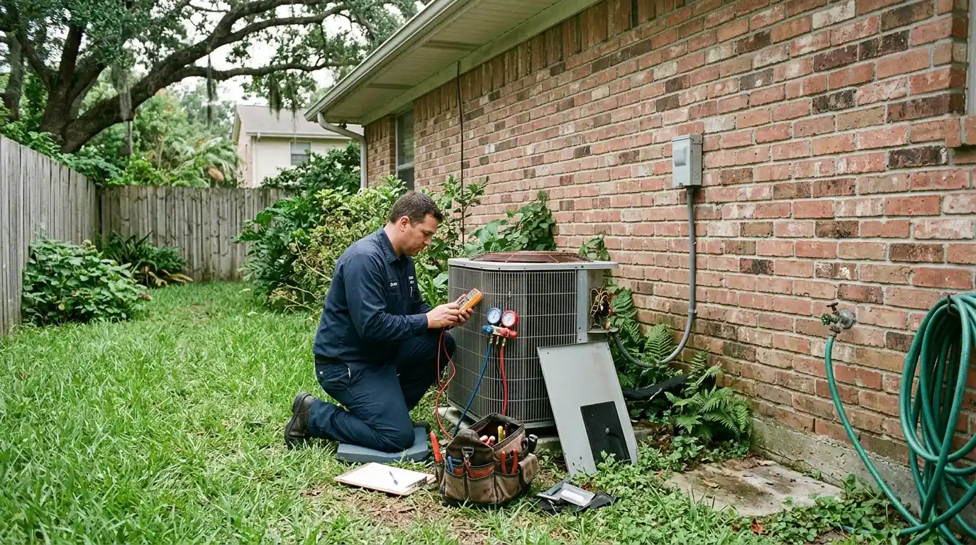 Technician servicing a heat pump beside a Kenner home