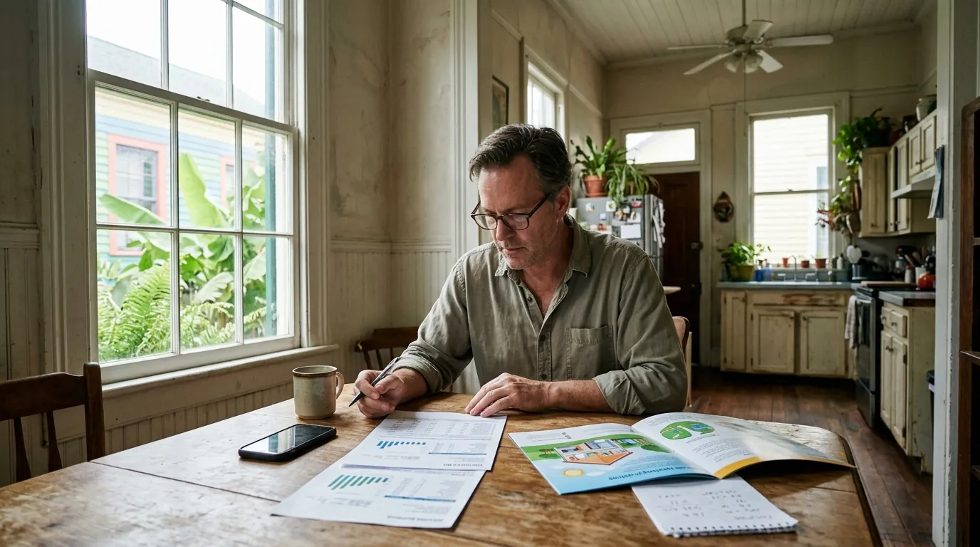 Homeowner reviewing an electric bill and a heat pump brochure