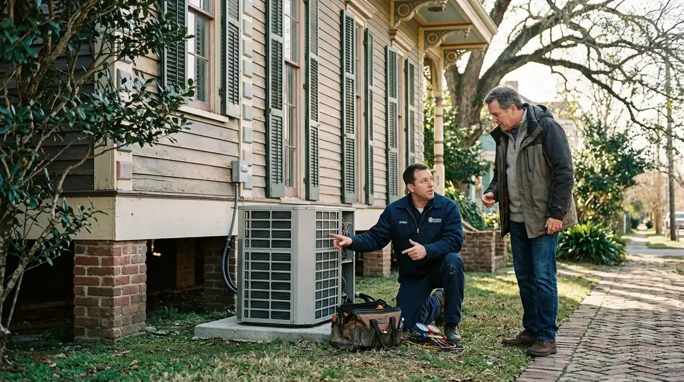 Technician explaining a heat pump outdoor unit to a homeowner