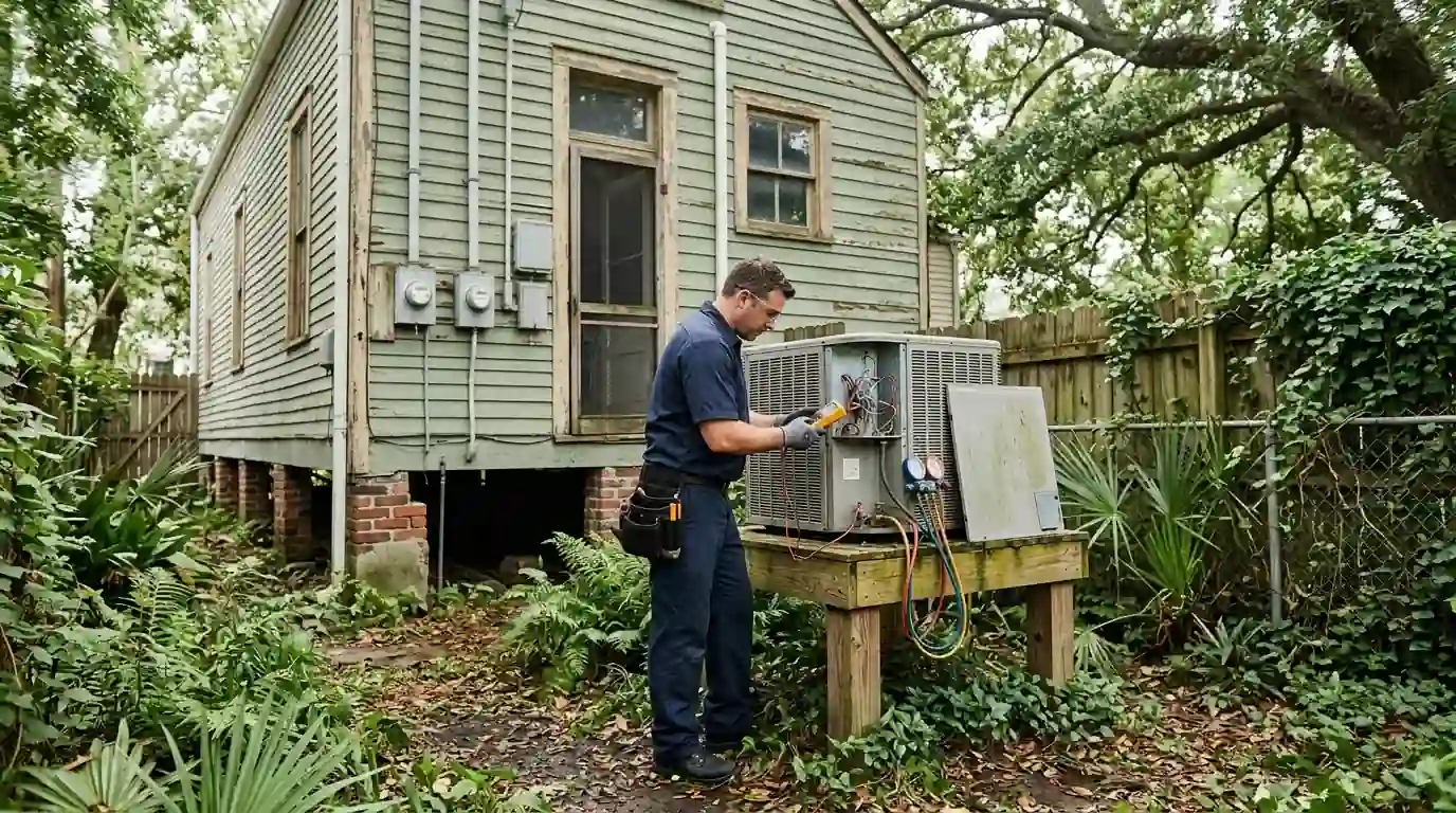 Technician checking an outdoor AC unit on a raised stand behind an older New Orleans house