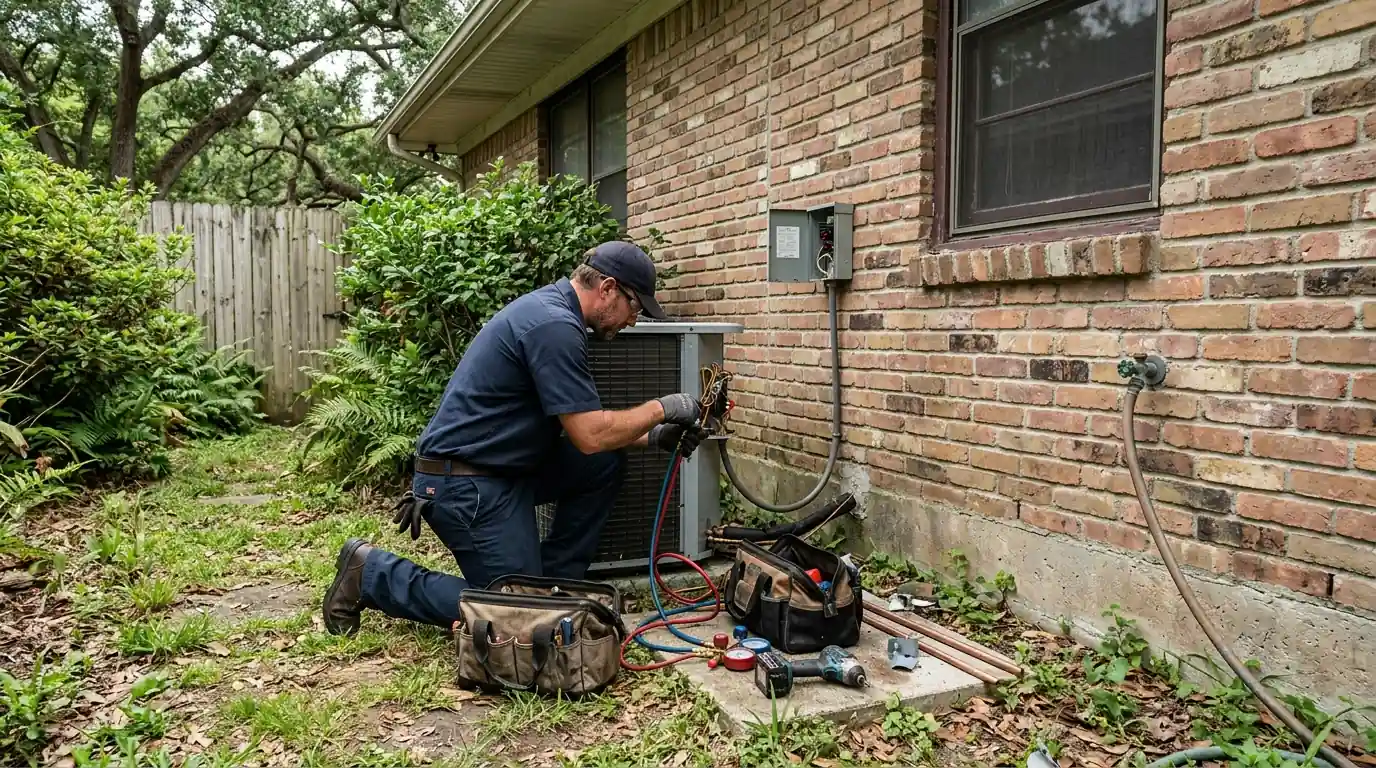 Technician replacing an AC condenser beside a Harvey home