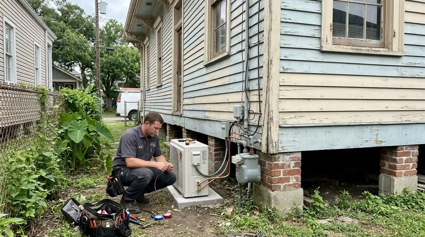 Ductless mini-split outdoor unit beside a raised double in Hollygrove