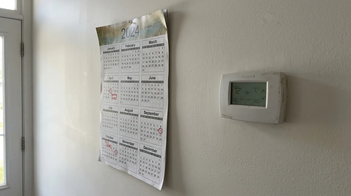 Wall calendar with HVAC service dates beside a thermostat