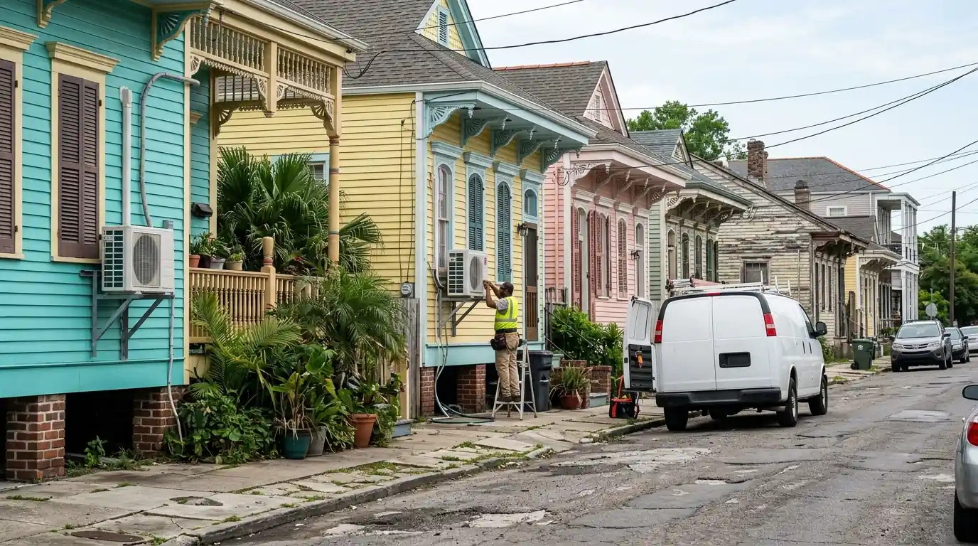 Raised shotgun houses in Bywater with mini-split outdoor units