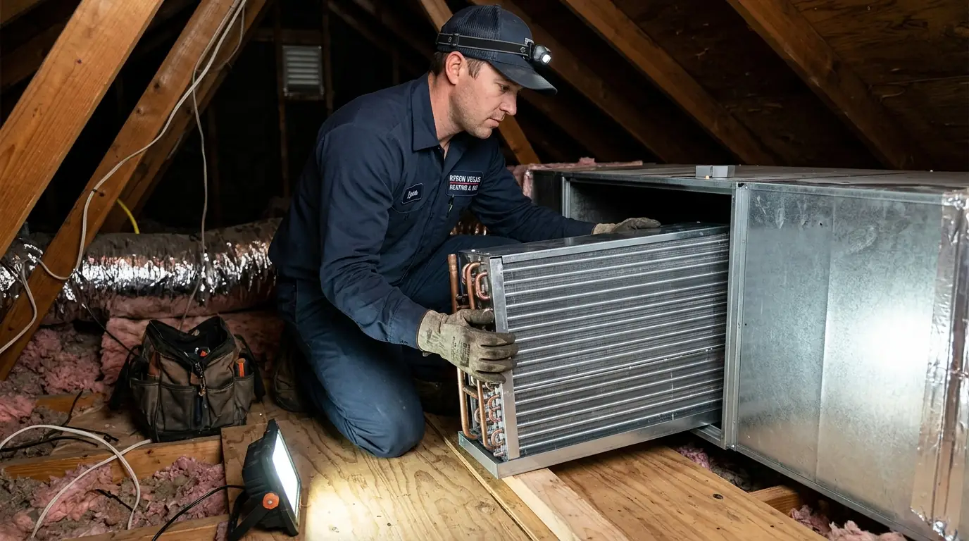 New evaporator coil being installed in an attic air handler