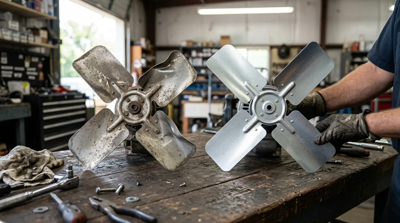 Bent condenser fan blade beside a new replacement blade