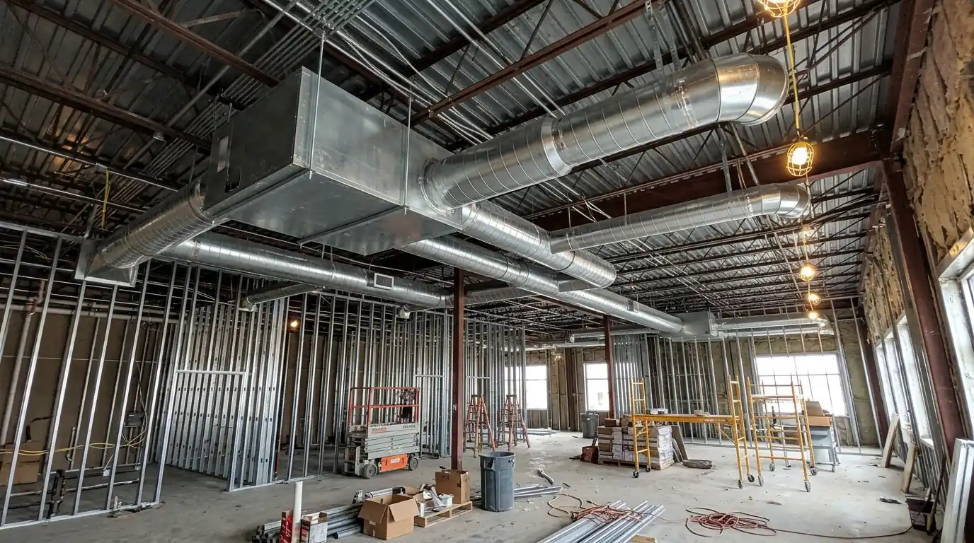 New spiral ductwork in an open ceiling during a commercial build-out