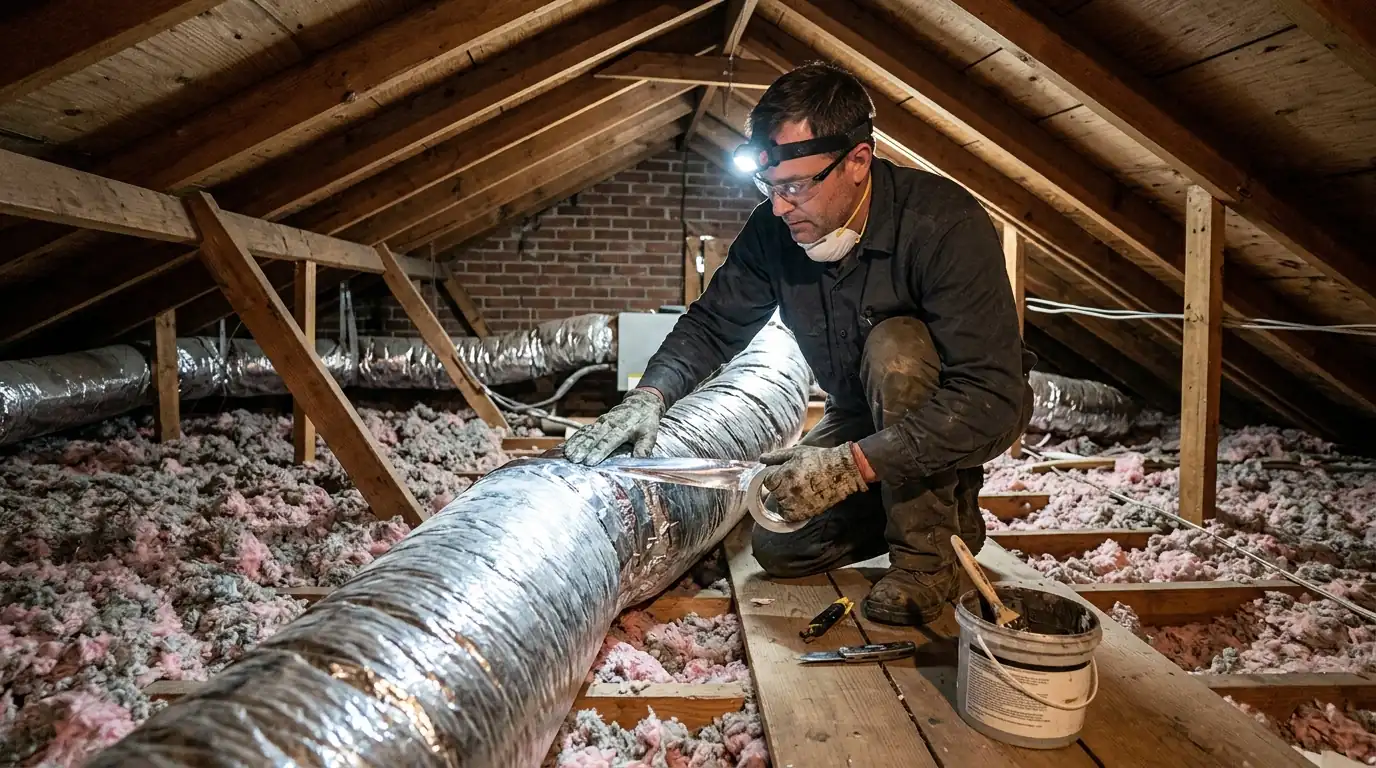 Technician sealing a flexible duct joint in an attic