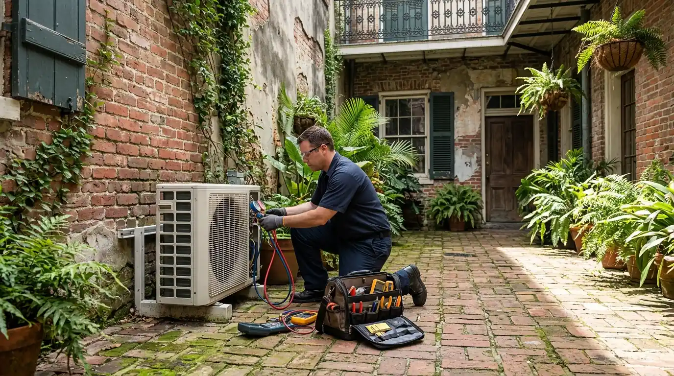 Mini-split outdoor unit being serviced in a French Quarter courtyard