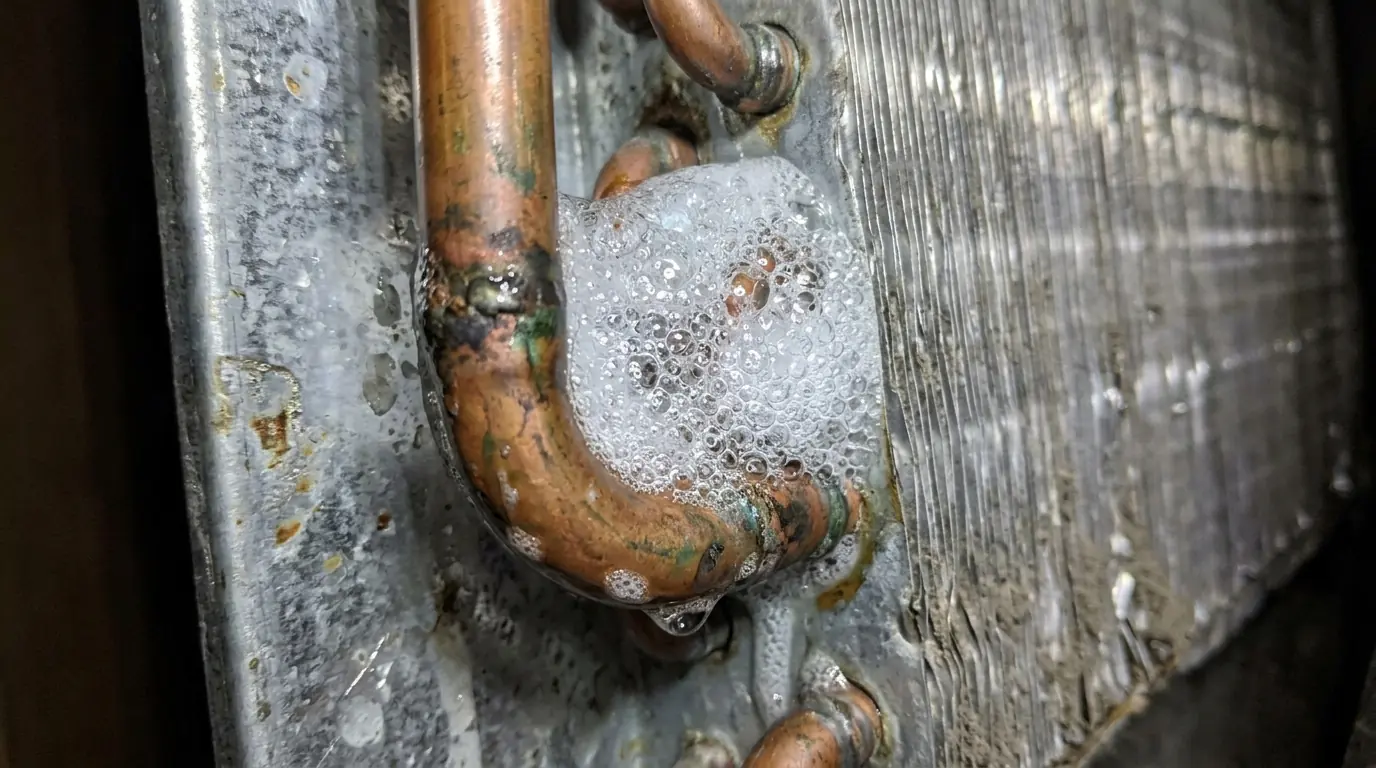 Bubble solution showing a leak on an evaporator coil tube