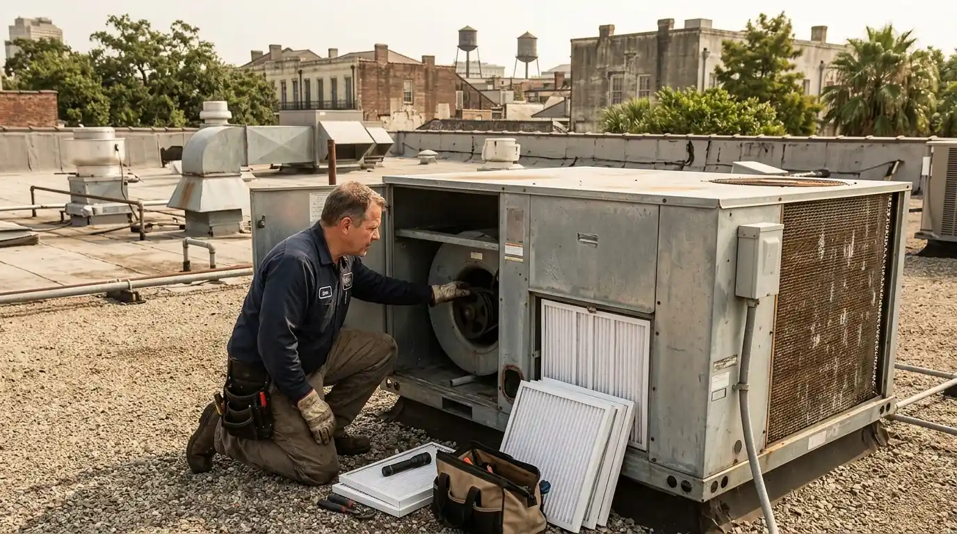 Technician servicing a rooftop HVAC unit on a New Orleans restaurant