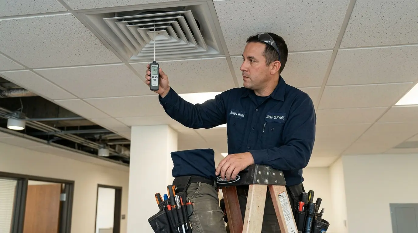 Technician measuring supply air temperature at a ceiling vent