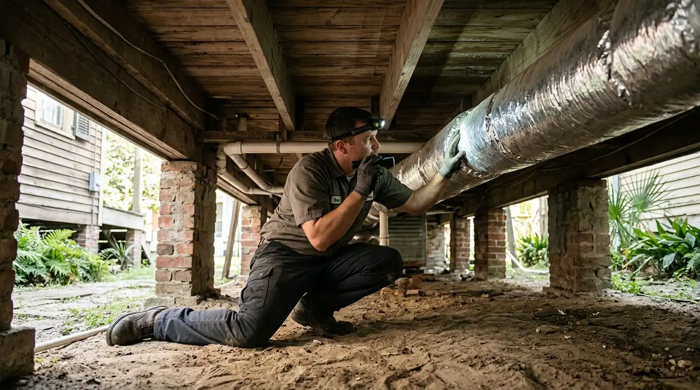 Technician inspecting ductwork under a raised house in Gretna