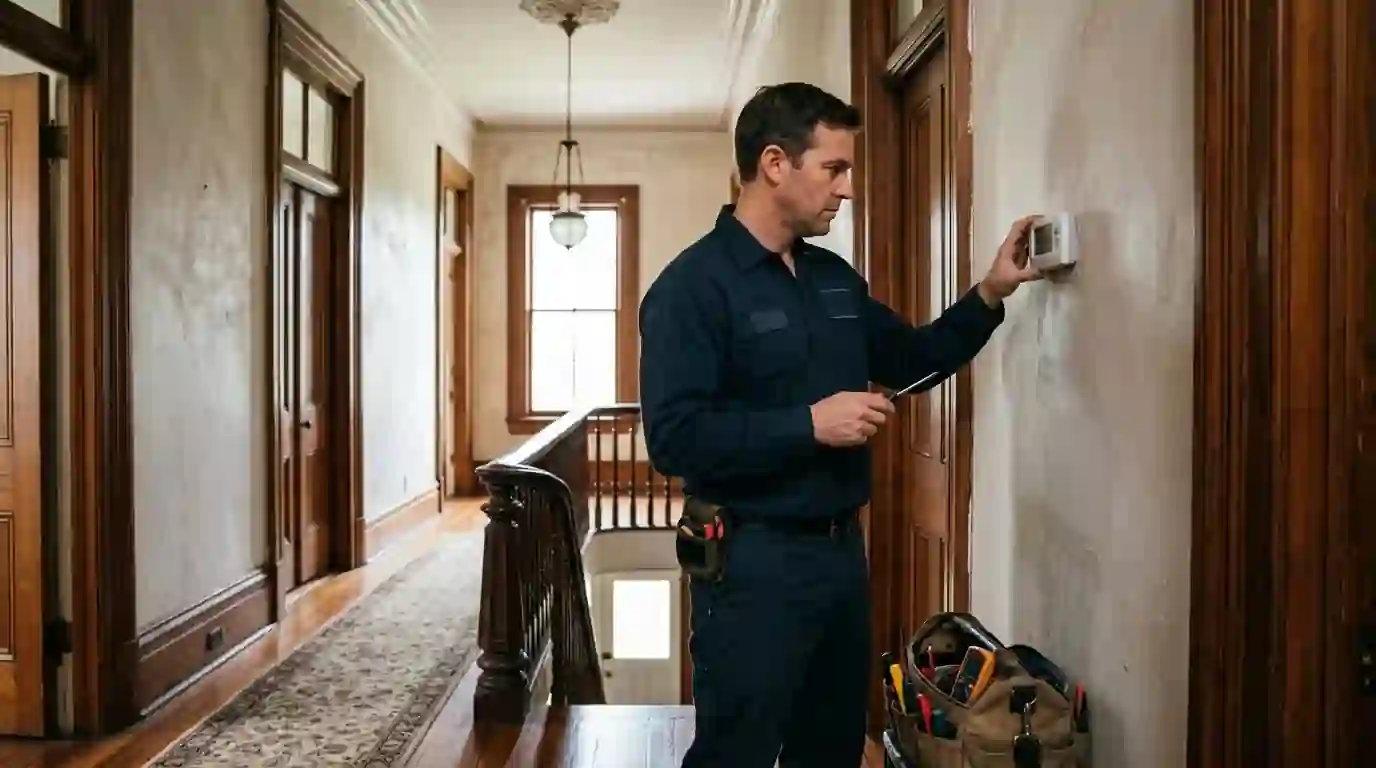 Technician adjusting an upstairs zoning thermostat in a historic Audubon home