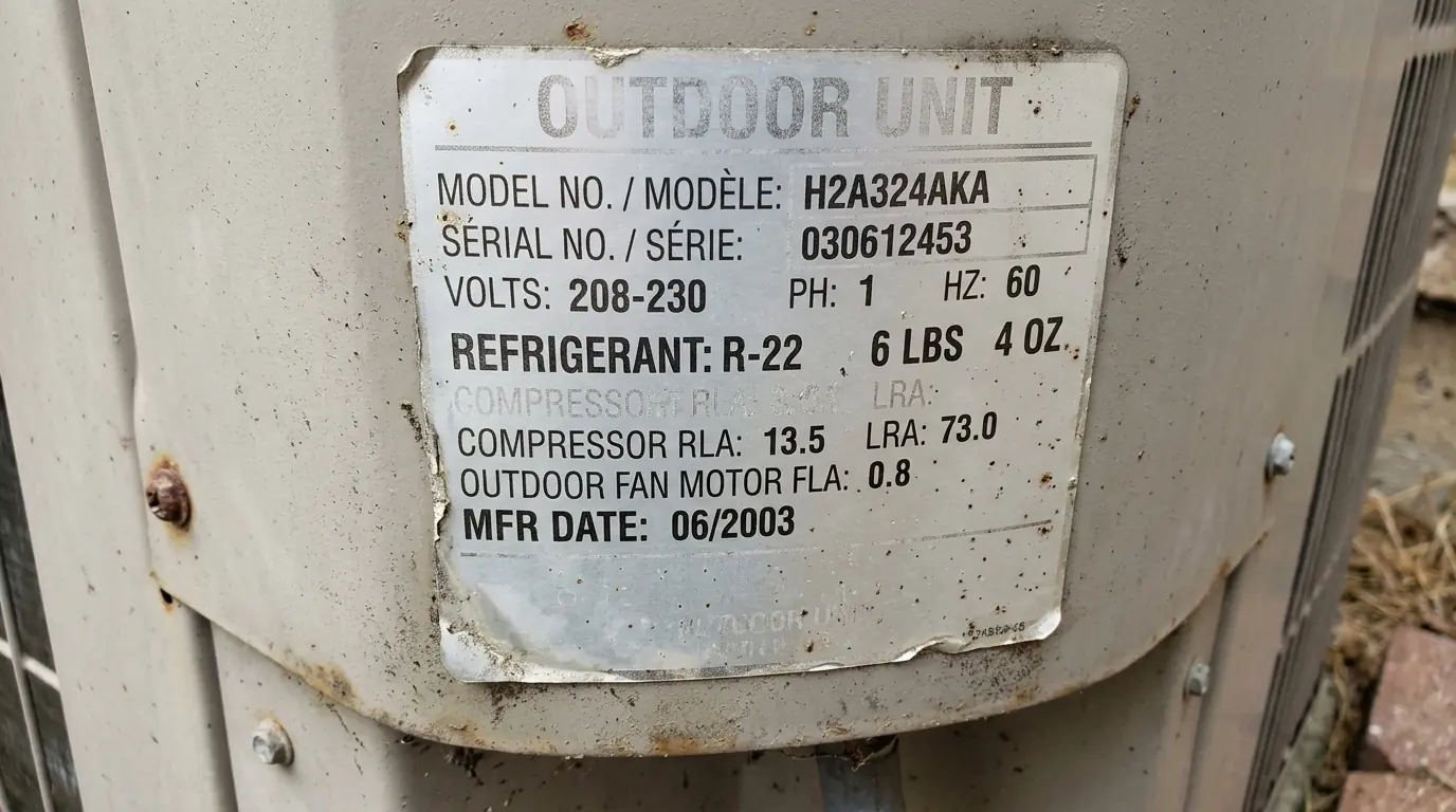 Outdoor AC data plate listing R-22 refrigerant