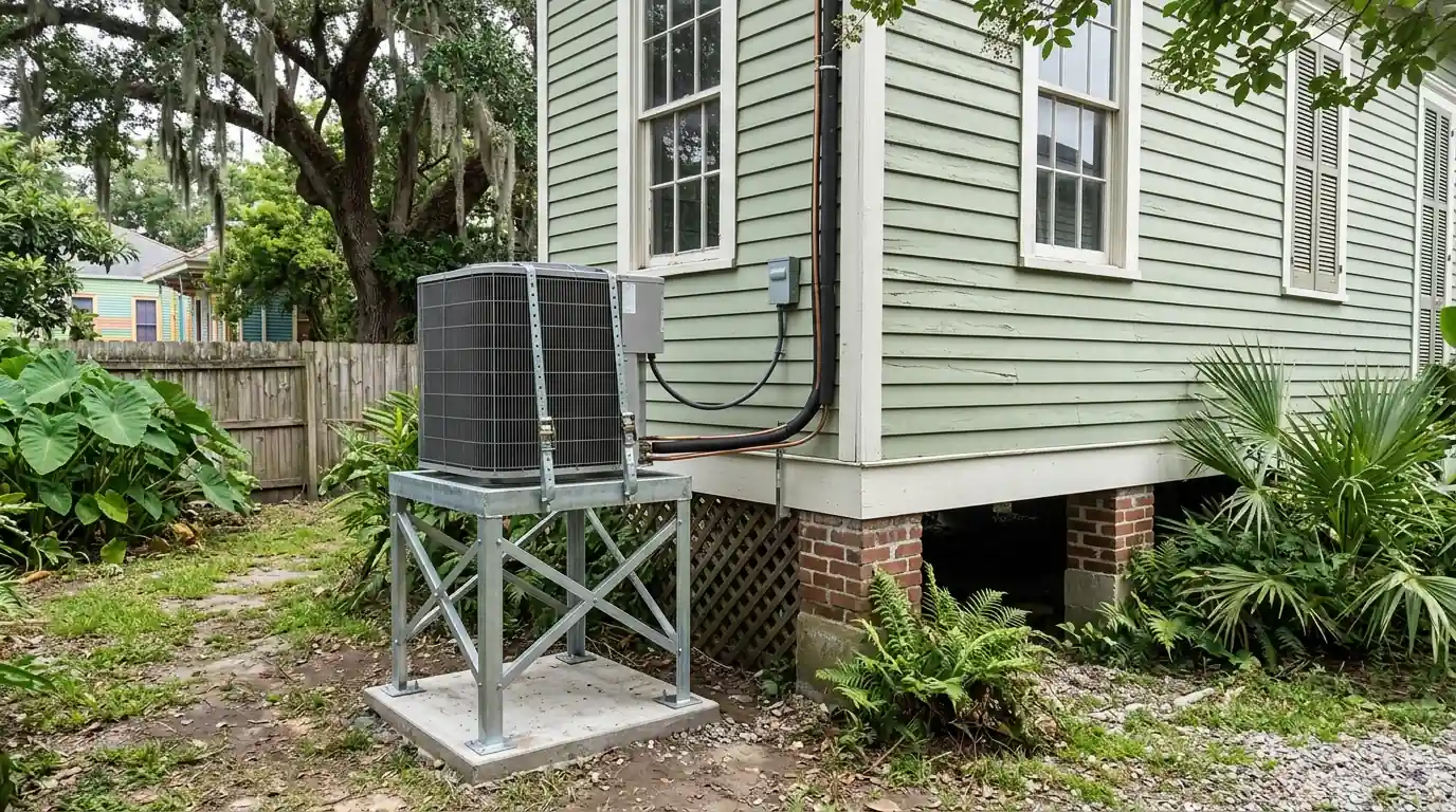 Outdoor AC unit on a raised stand beside a Mid-City double