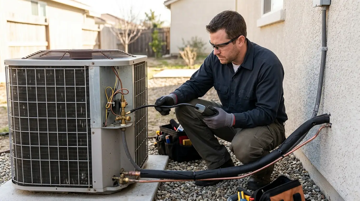 Technician checking an AC line set with an electronic leak detector