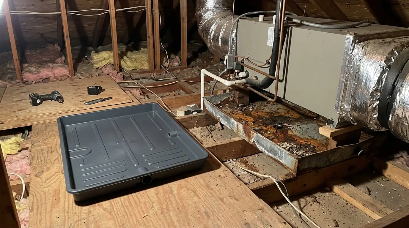 Rusted secondary drain pan under an attic air handler next to a replacement pan
