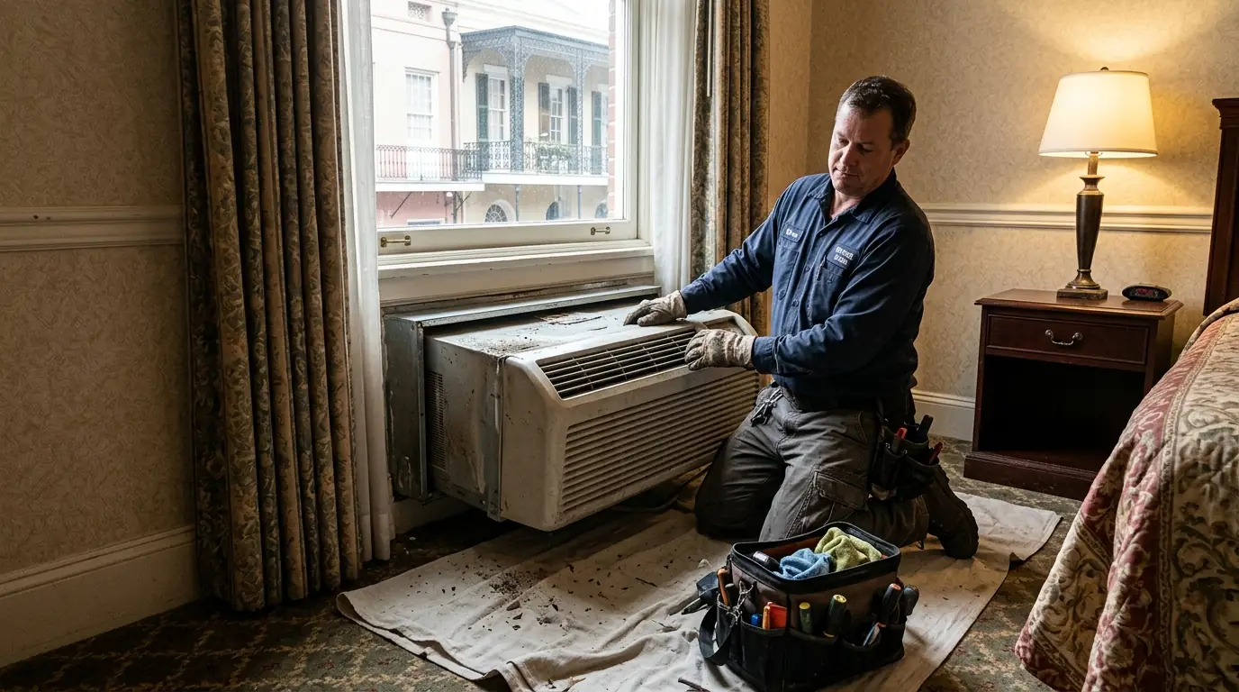 Technician removing a PTAC unit from its wall sleeve in a hotel room