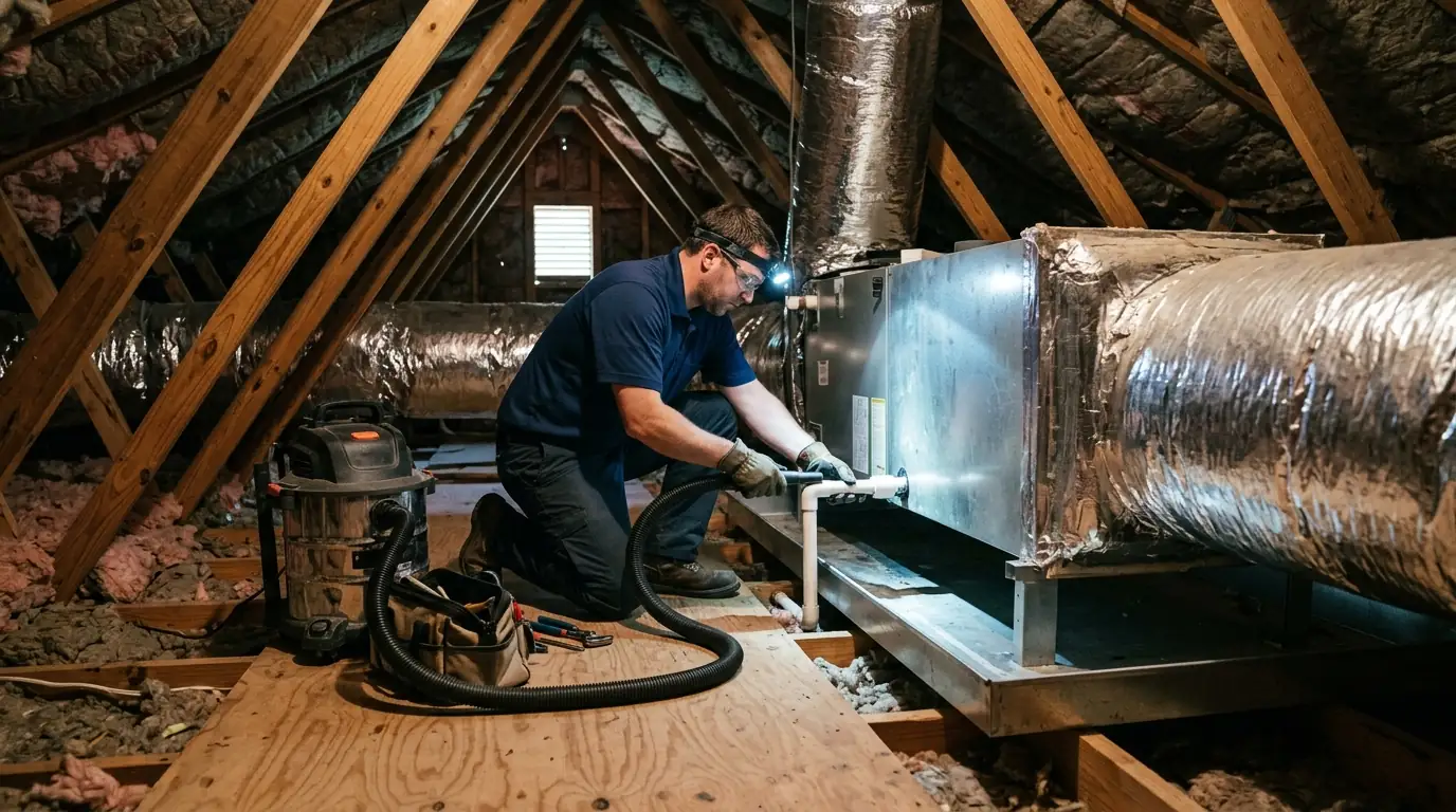 Technician clearing a clogged condensate drain at an attic air handler