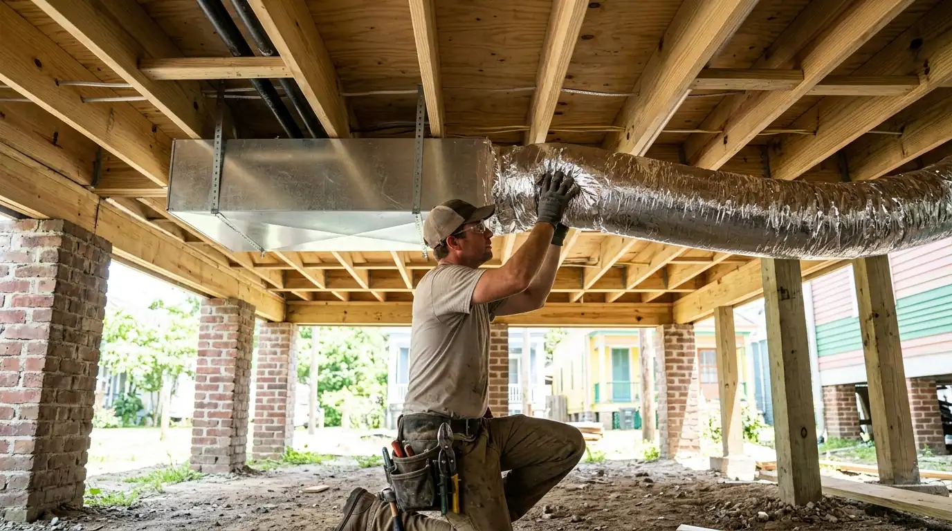 Supply ducts being roughed in between new framing in a raised New Orleans house