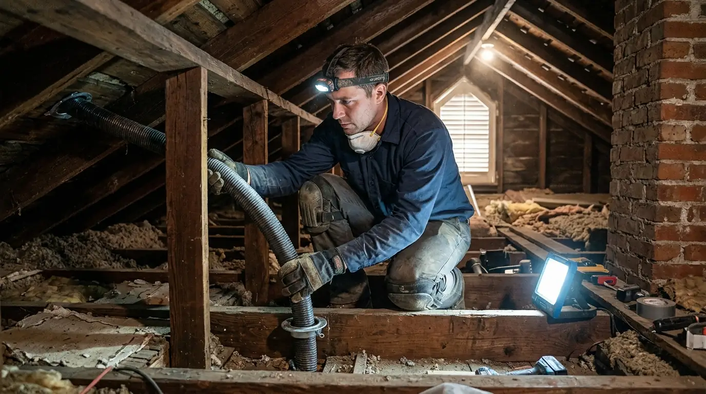 Flexible small-duct supply tube routed through an attic in a historic New Orleans home