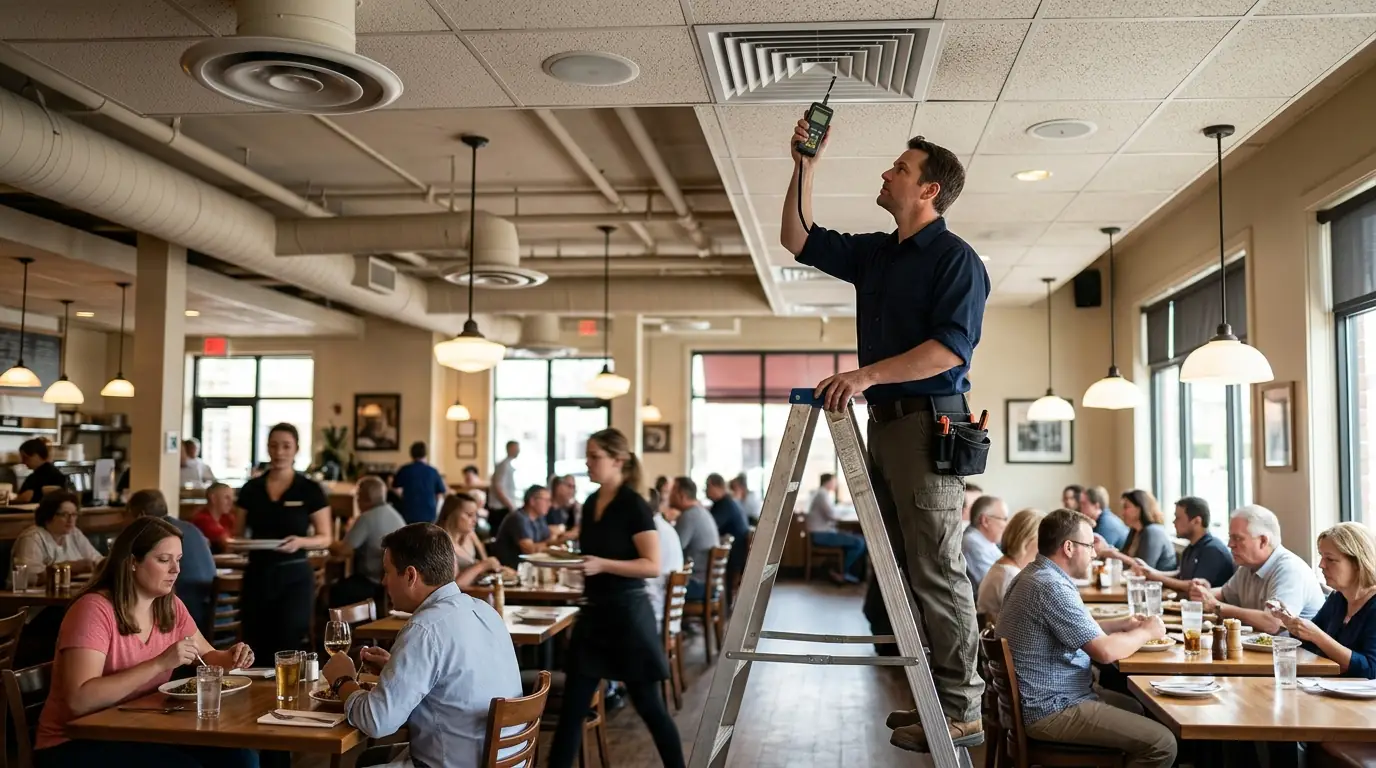 Technician checking supply air in a restaurant dining room