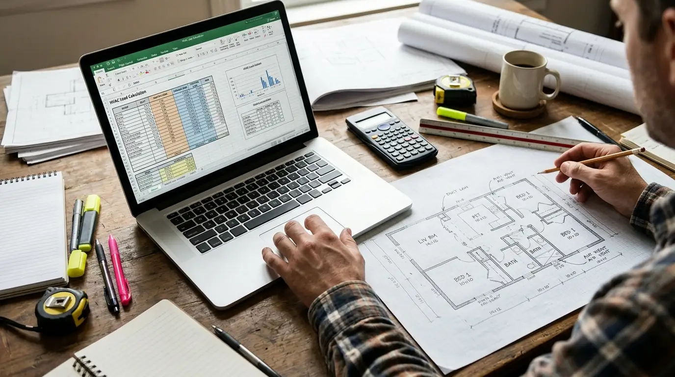 Room-by-room load calculation on a laptop beside a floor plan