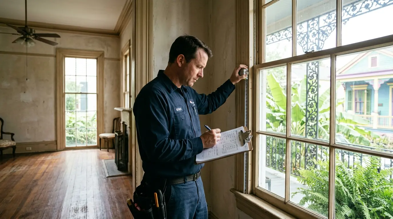 Technician measuring windows for an AC load calculation