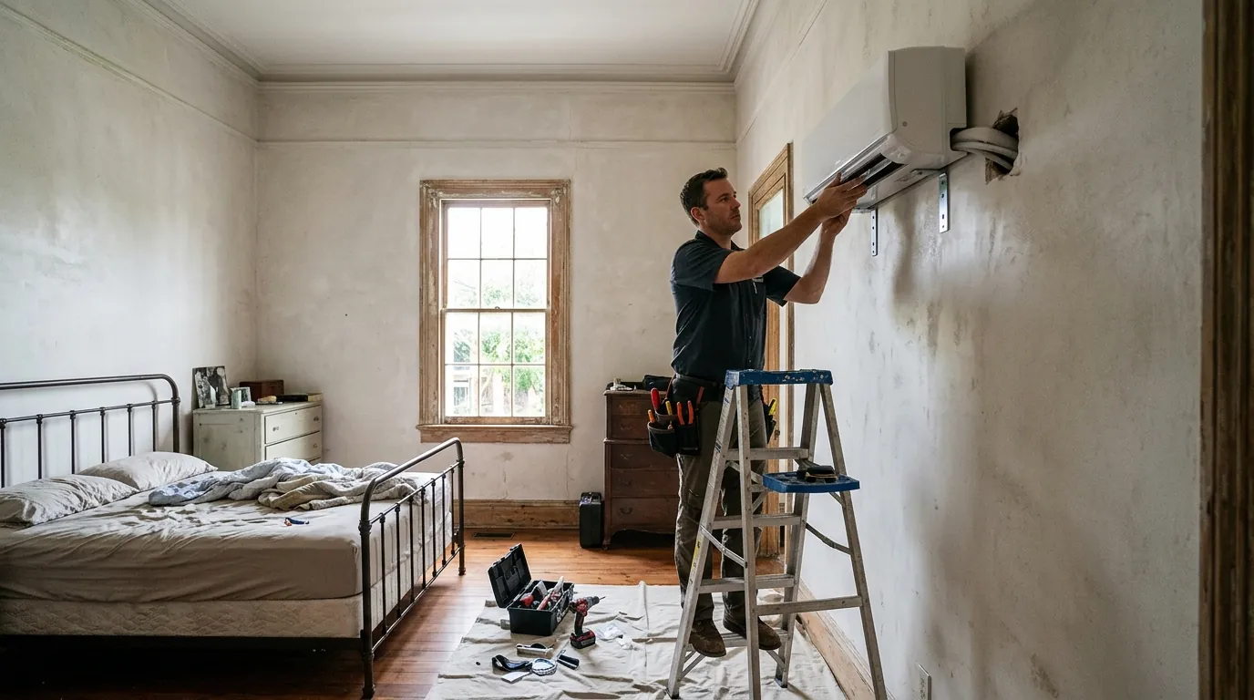 Ductless mini-split head mounted on a plaster wall in a New Orleans bedroom