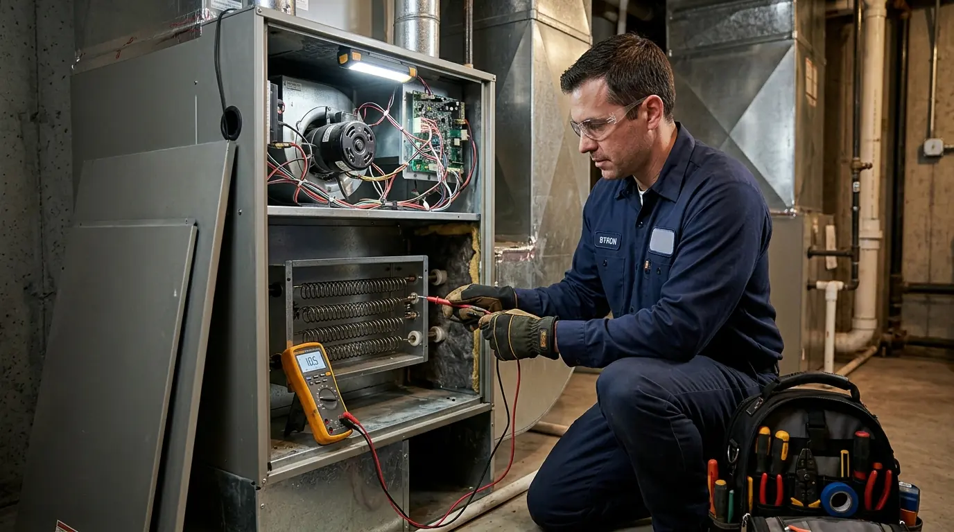 Technician testing an electric heat strip inside a New Orleans air handler