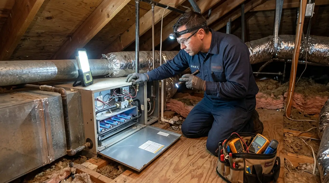 Technician inspecting a gas furnace burner flame during a heating tune-up
