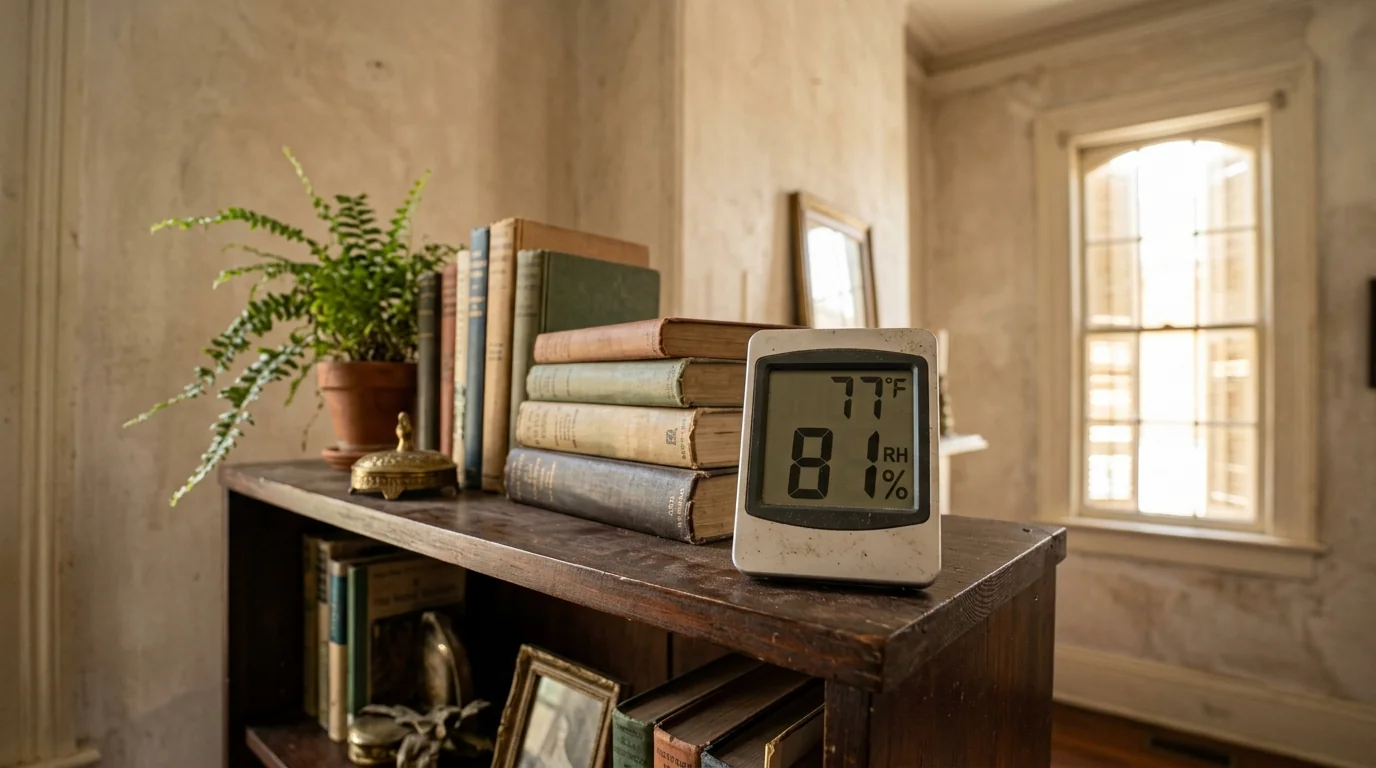 Hygrometer showing high indoor humidity in a living room