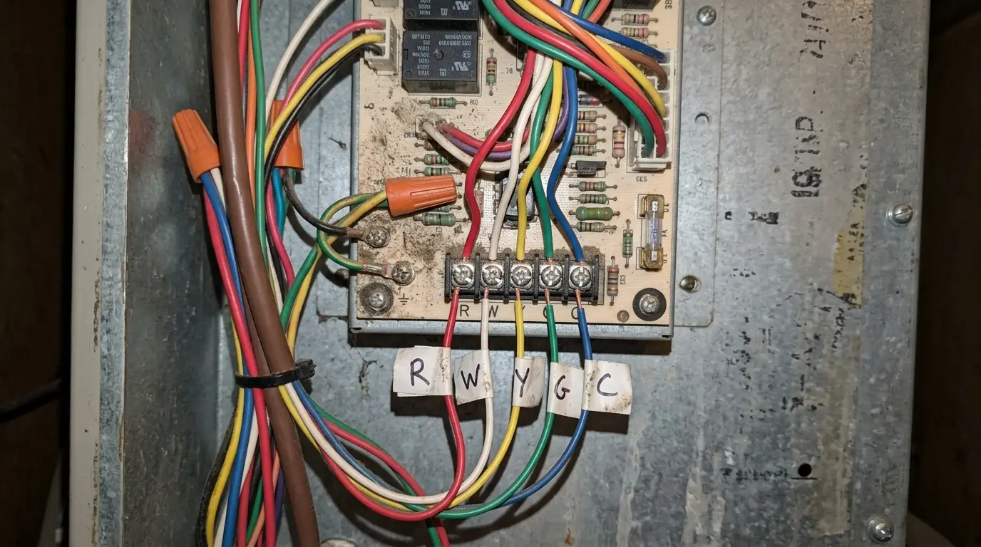 Labeled thermostat wires at an air handler control board