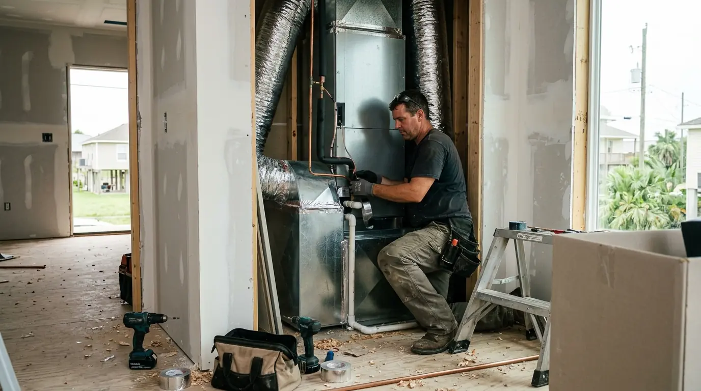 Technician installing a new air handler in a rebuilt LaPlace home