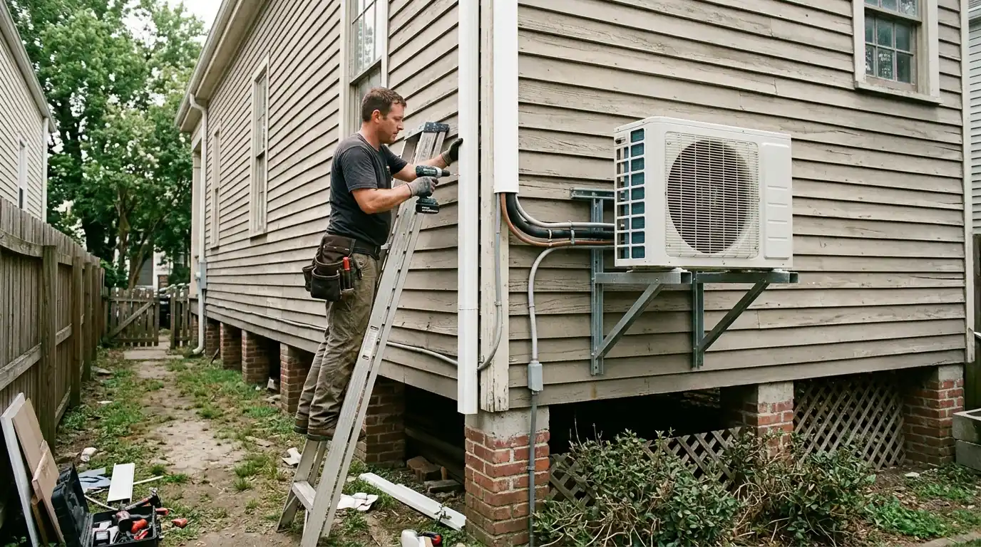 Covered line set running to a mini-split outdoor unit beside a raised New Orleans house